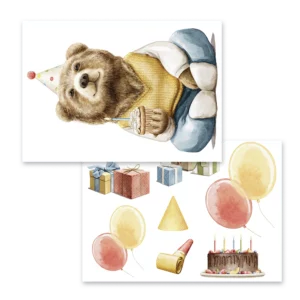 Väggdekor barn som visar två ark med en stor kalasbjörn, presenter och ballonger.