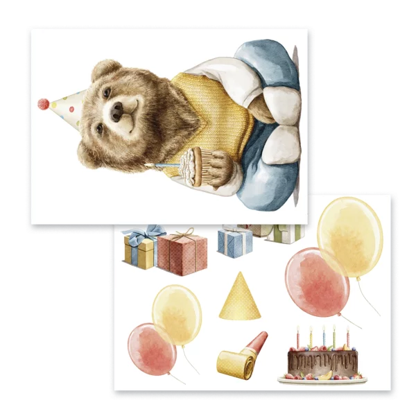 Väggdekor barn som visar två ark med en stor kalasbjörn, presenter och ballonger.