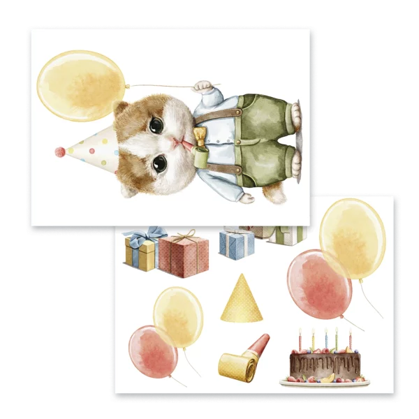 Väggdekor barn som visar två ark med en kalaspojke, paket och ballonger.