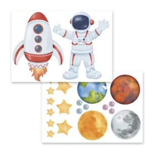 Två ark med en astronaut, en vit raket och stjärnor och planeter