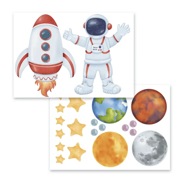 Wallstickers barn med två ark med en astronaut, en vit raket och stjärnor och planeter