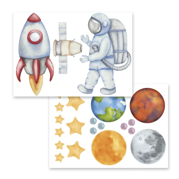 Väggklistermärken barn med två ark med en astronaut, en raket och planeter och stjärnor