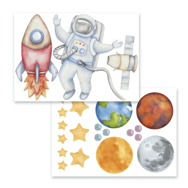 Väggklistermärken barn med två ark med en svävande astronaut, en raket och planeter