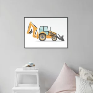 Barntavla på en grå vägg med en grävmaskin, perfekt poster för barnrum