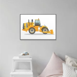 Barntavla på grå vägg som visar en bulldozer, perfekt poster för barnrum