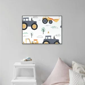Barntavla på grå vägg som visar upp traktorer med träd och moln, perfekt poster för barnrum