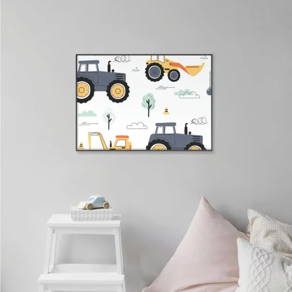 Barntavla på grå vägg som visar upp traktorer med träd och moln, perfekt poster för barnrum