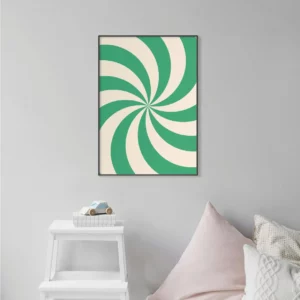 Barntavla på grå vägg som visar en grön swirl, perfekt poster för barnrum