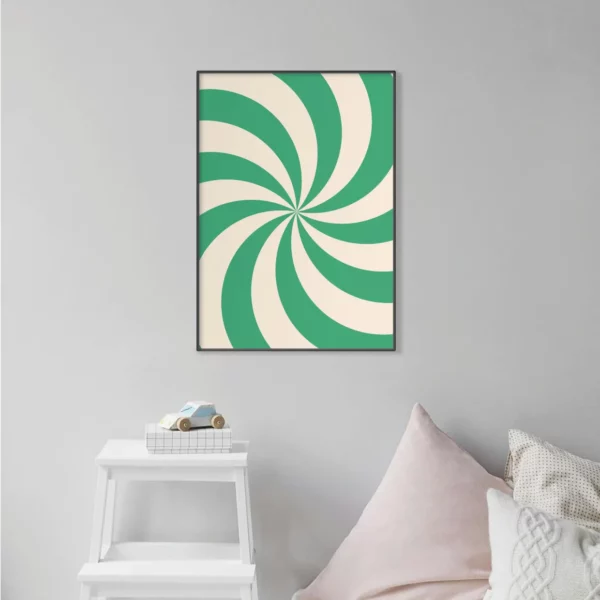Barntavla på grå vägg som visar en grön swirl, perfekt poster för barnrum