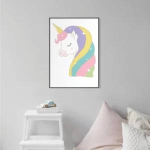 Barntavla sitter på en grå vägg med en enhörning, perfekt poster för barnrum