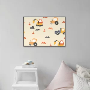 Barntavla på grå vägg med grävmaskiner och traktorer, perfekt poster för barnrum