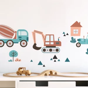 Väggdekor barn med en vägg med barnsliga wallstickers som föreställer en traktor, en lastbil och grafik