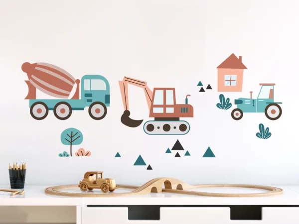 Väggdekor barn med en vägg med barnsliga wallstickers som föreställer en traktor, en lastbil och grafik
