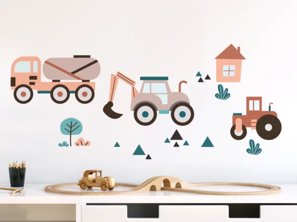 Väggdekor barn med en vägg med väggdekor för barn som föreställer en traktor, en lastbil och grafik