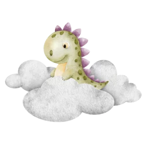 Väggdekor barn med en grön dinosaurie med lila rygg som står bland molnen