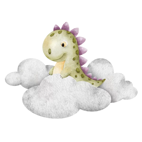 Väggdekor barn med en grön dinosaurie med lila rygg som står bland molnen