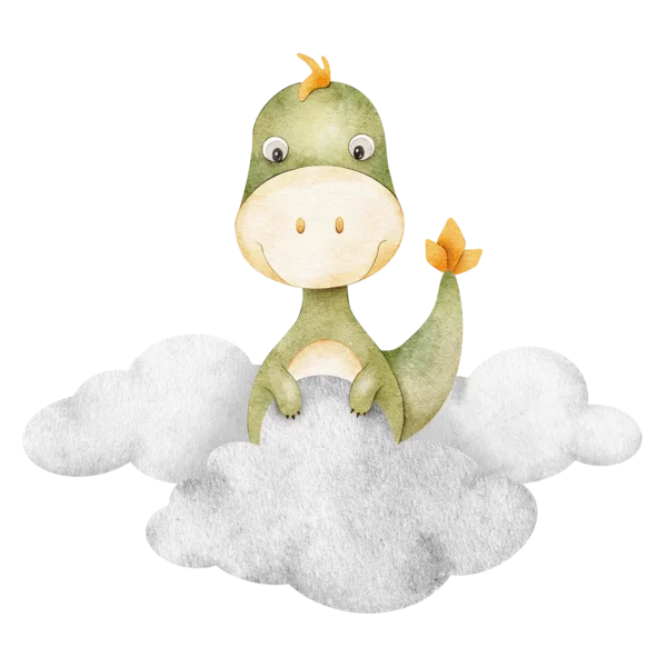 Väggdekor barn med en grön dinosaurie som står bland moln.