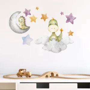 Väggdekor barn med en vägg med wallstickers som föreställer två dinosaurier bland stjärnorna.