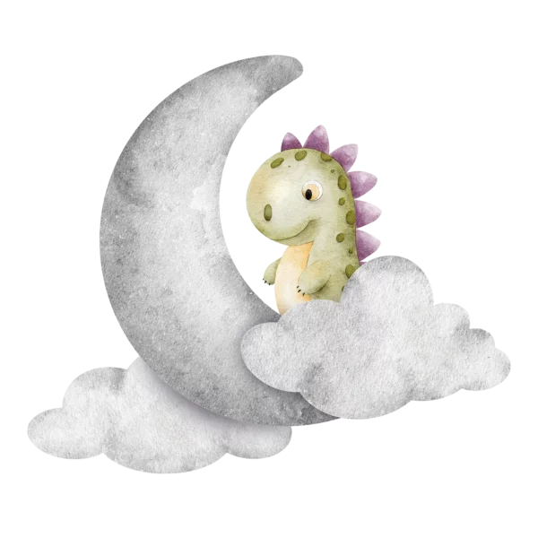 Väggdekor barn med en grön dinosaurie som står på månen och har moln omkring sig.