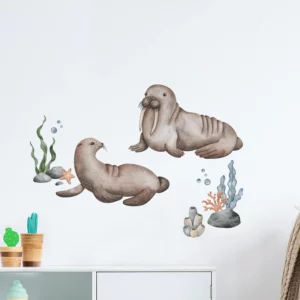 Väggdekor barn en miljöbild som visar en säl och en valross som ser ut att vara målad i vattenfärger