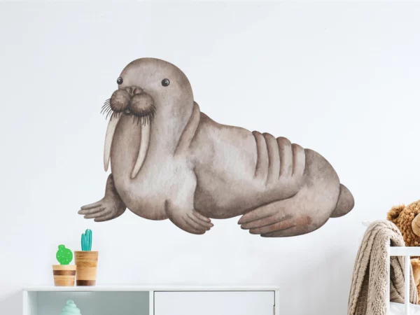 Väggdekor barn en miljöbild som visar en stor valross som ser ut att vara målad i vattenfärger