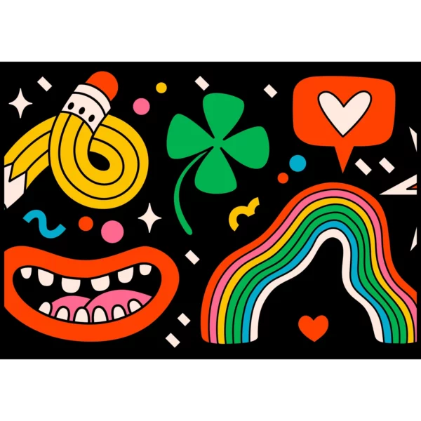 Barntavla med lekfulla illustrationer som mun, penna och regnbåge, perfekt poster för barnrum