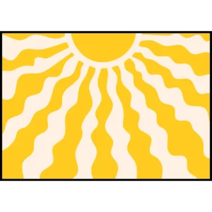 Barntavla som visar en stor sol med långa solstrålar, perfekt poster för barnrum