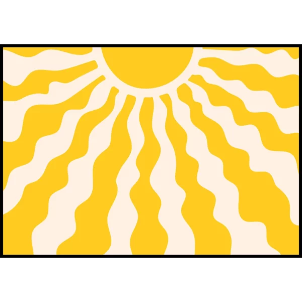 Barntavla som visar en stor sol med långa solstrålar, perfekt poster för barnrum