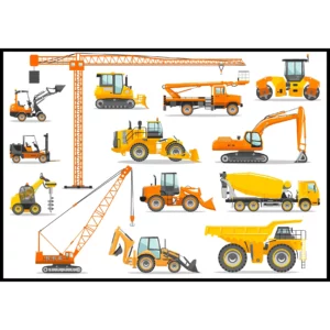 Barntavla med byggfordon, lyftkran, dumper, traktor, perfekt poster för barnrum