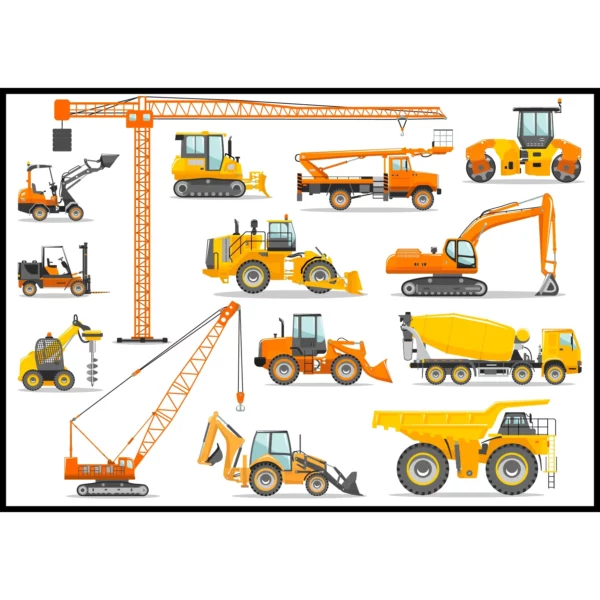 Barntavla med byggfordon, lyftkran, dumper, traktor, perfekt poster för barnrum