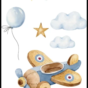 Barntavla med flygplan, moln, ballong och vimpel, perfekt poster för barnrum