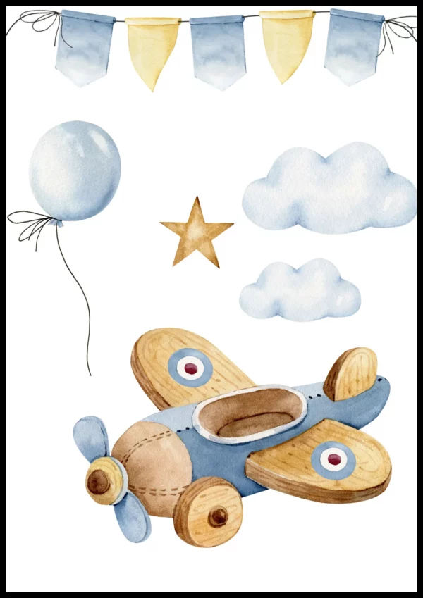Barntavla med flygplan, moln, ballong och vimpel, perfekt poster för barnrum