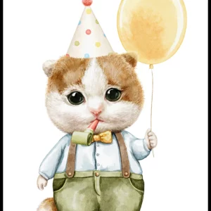 Barntavla med katt som är klar för barnkalas, perfekt poster för barnrum
