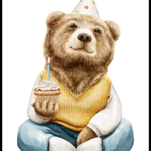 Barntavla med en björn som håller i en cupcake, perfekt poster för barnrum