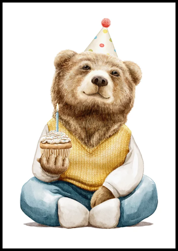 Barntavla med en björn som håller i en cupcake, perfekt poster för barnrum