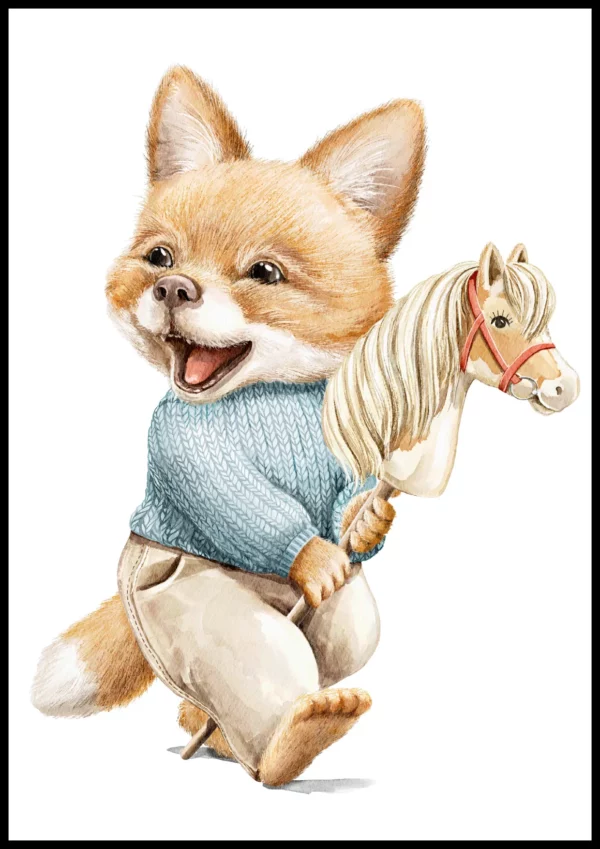 Barntavla med en räv som rider på en käpphäst, perfekt poster för barnrum