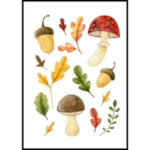 Barntavla med naturmotiv innehåller löv, svampar och ekollon, perfekt poster för barnrum
