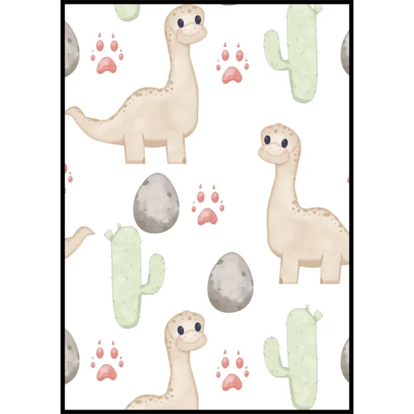 Barntavla med dinosaurier, kaktusar, stenar och fotavtryck, perfekt poster för barnrum