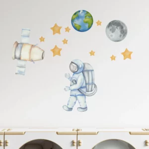 En vägg med en astronaut som går i rymden