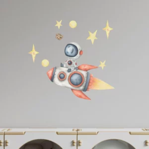 Väggklistermärken barn, en raket med en astronaut som sitter på den