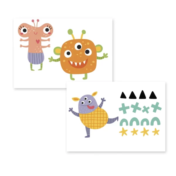 Wallstickers barn som visar två ark fyllda med dekaler med tre snälla monster