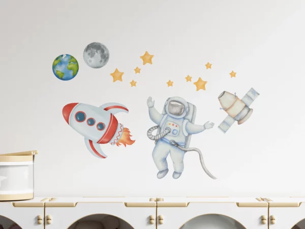 Väggklistermärken barn som föreställer en astronaut och en raket med stjärnor