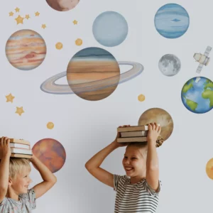Väggdekor barn med en miljöbild som visar planeter, satelit och stjärnor fina i barnrum