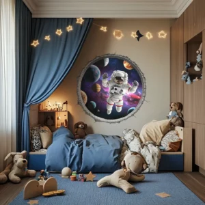 Väggdekor barn med en miljöbild som visar astronaut i 3D-effekt, rymdtema för spännande barnrum